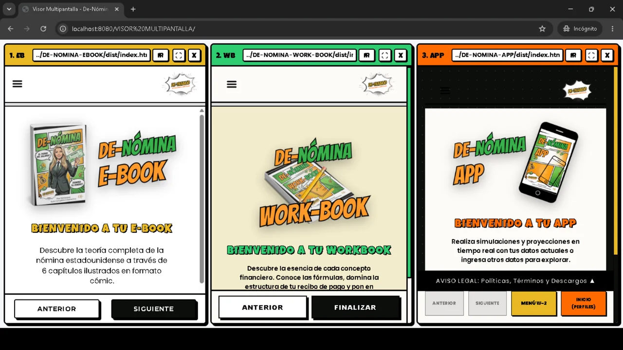 Vista del Visor Multipantalla con el E-book, el Workbook y la App
